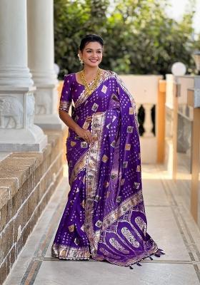 Violet Zari Woven Silk Saree Set