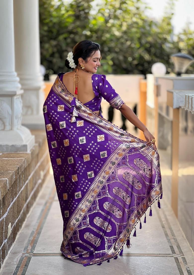Violet Zari Woven Silk Saree Set - Indya