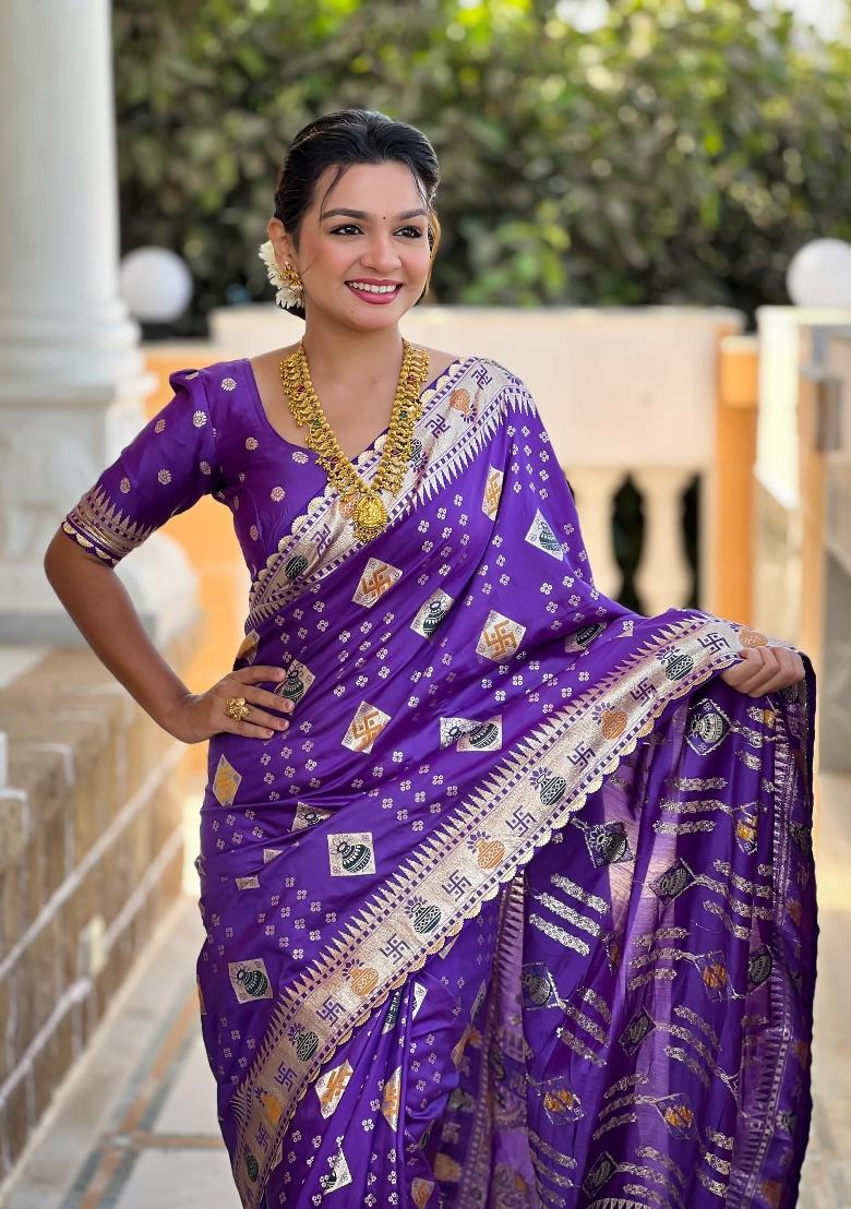 Violet Zari Woven Silk Saree Set - Indya