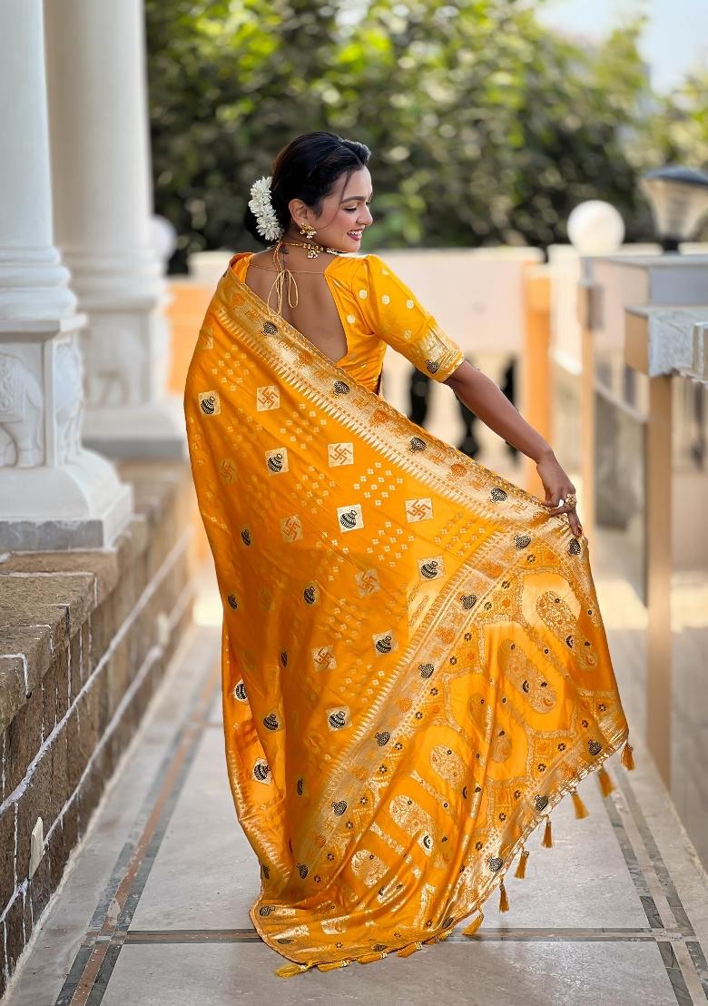 Yellow Zari Woven Silk Saree Set - Indya