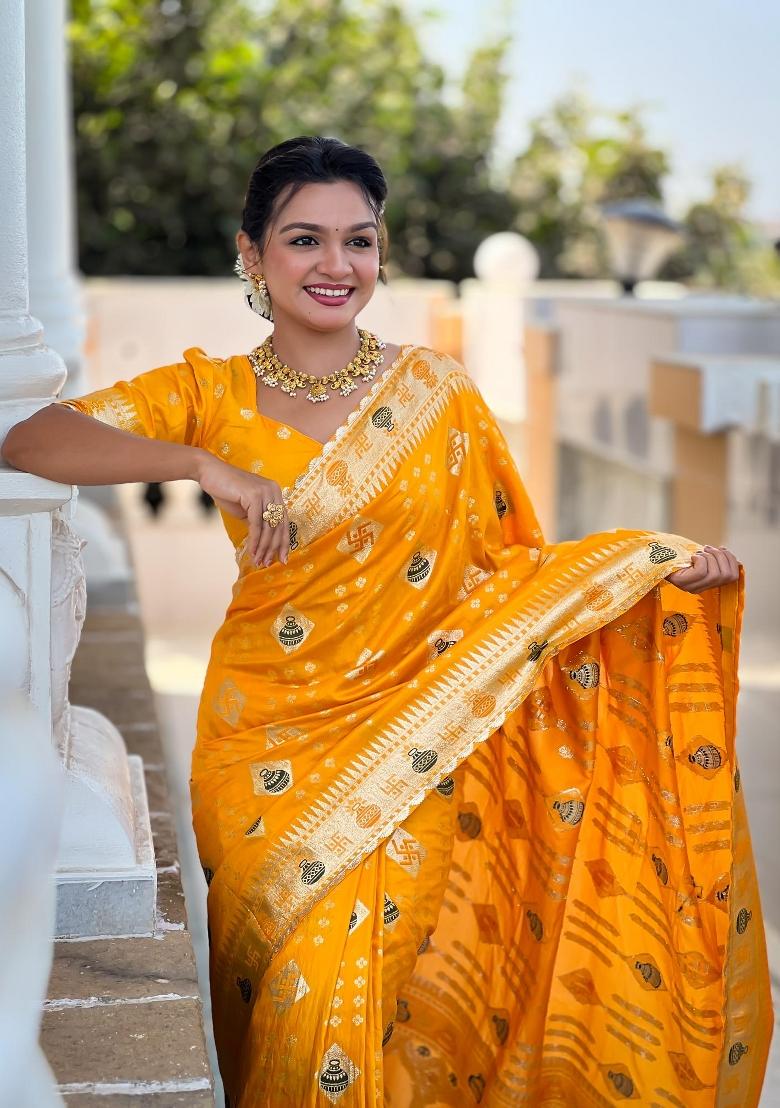Yellow Zari Woven Silk Saree Set - Indya