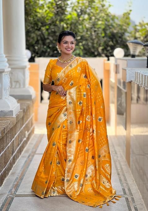 Yellow Zari Woven Silk Saree Set