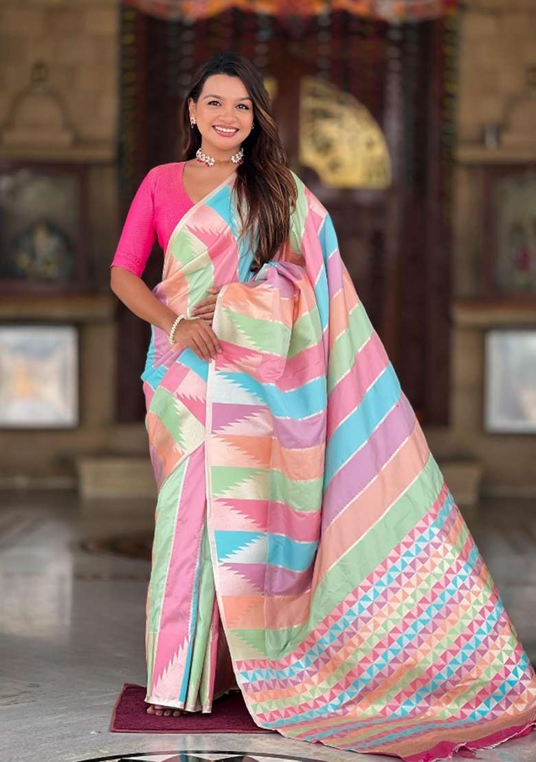 Multicolor Zari Woven Silk Blend Saree Set for Diwali and Festive Wear - Indya