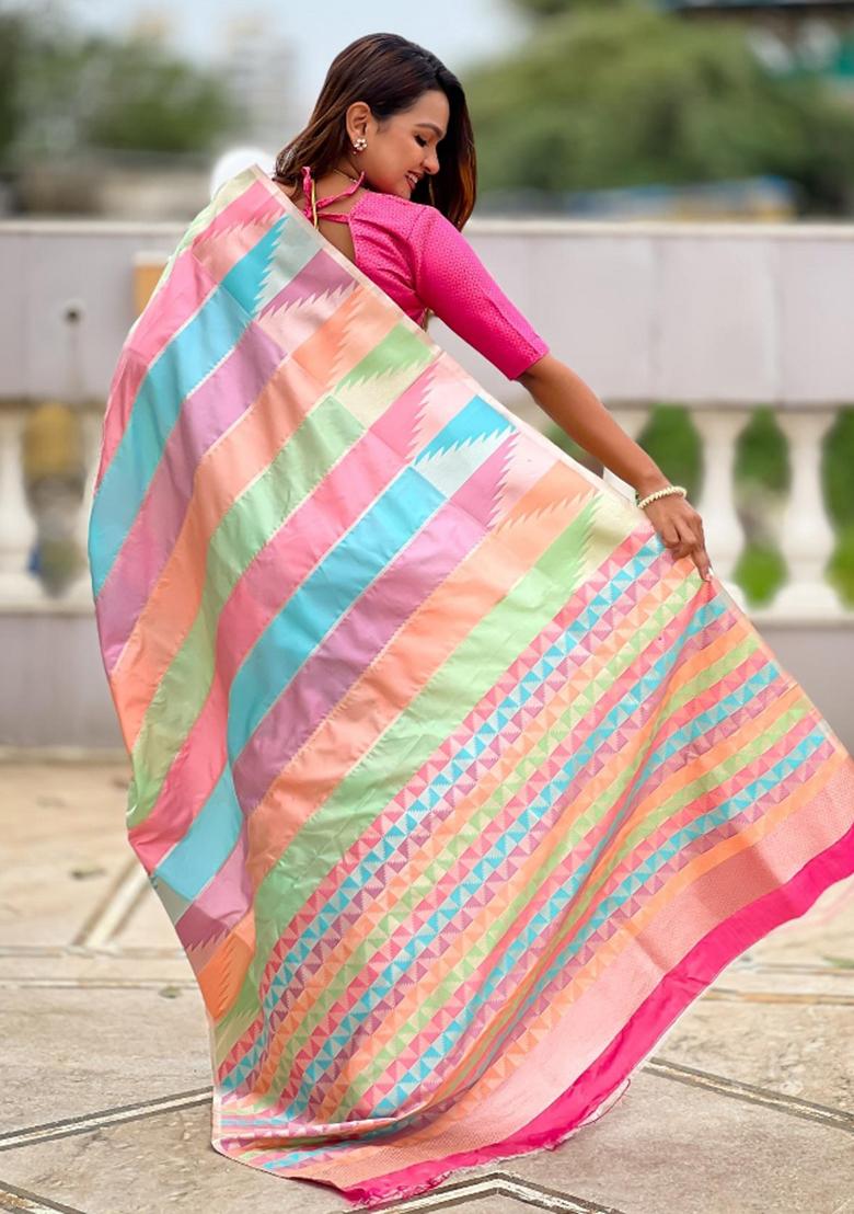 Multicolor Zari Woven Silk Saree Set - Indya