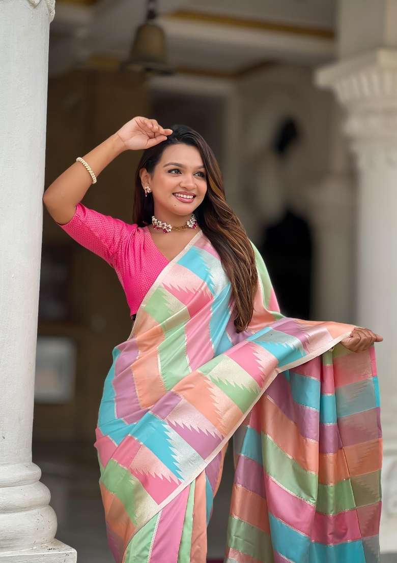 Multicolor Zari Woven Silk Blend Saree Set for Diwali and Festive Wear - Indya