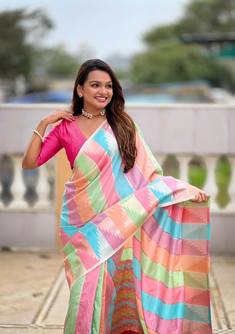 Multicolor Zari Woven Silk Saree Set - Indya