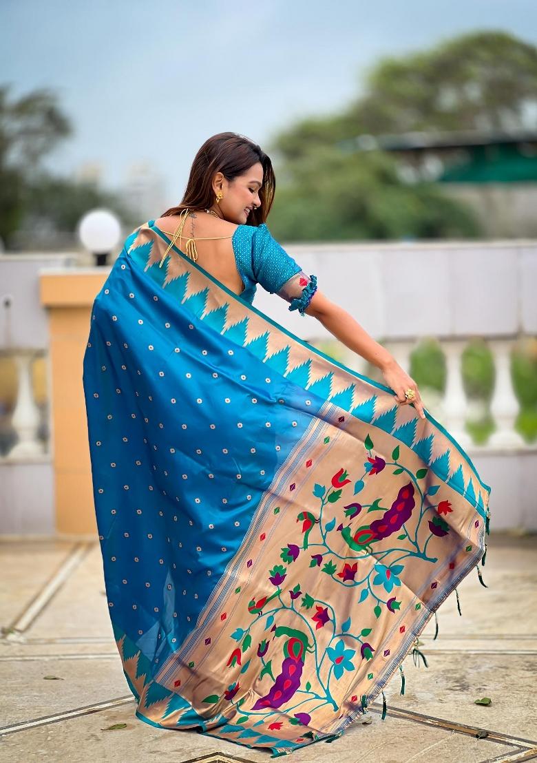 Turquoise Zari Woven Silk Saree Set - Indya