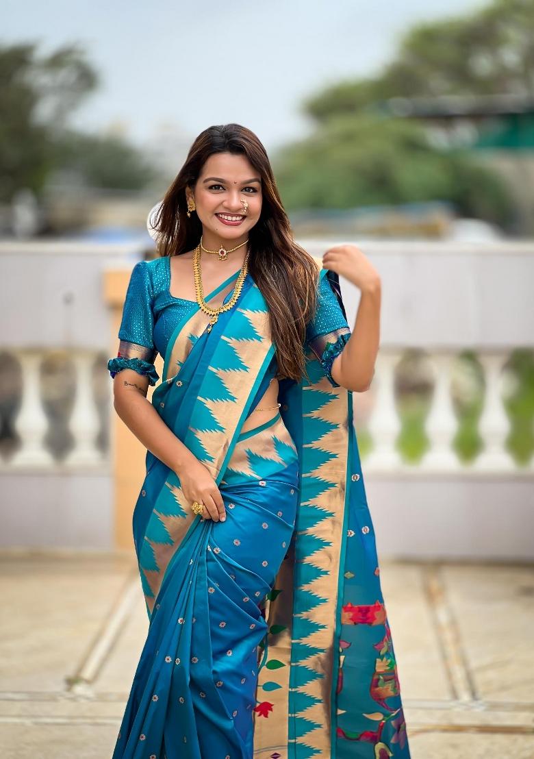 Turquoise Zari Woven Silk Saree Set - Indya