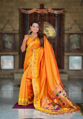 Orange Zari Woven Silk Saree Set