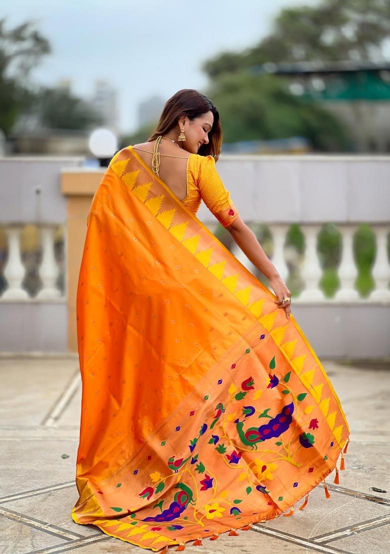 Orange Zari Woven Silk Saree Set - Indya