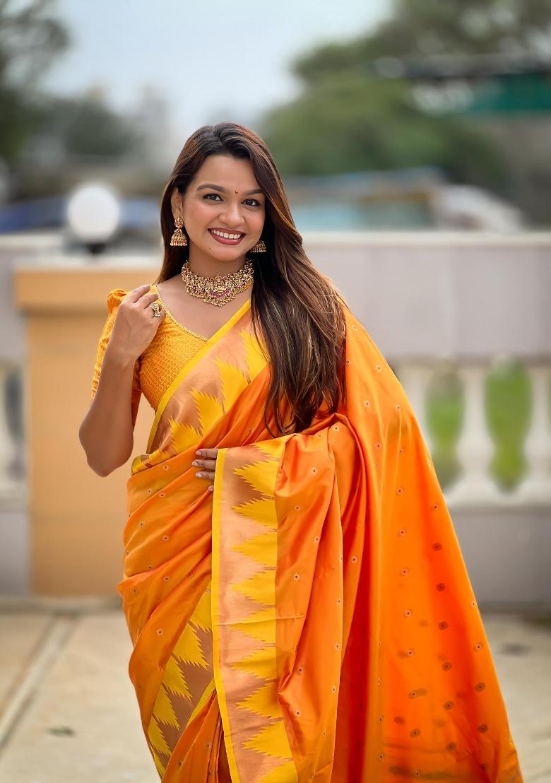Orange Zari Woven Silk Saree Set - Indya