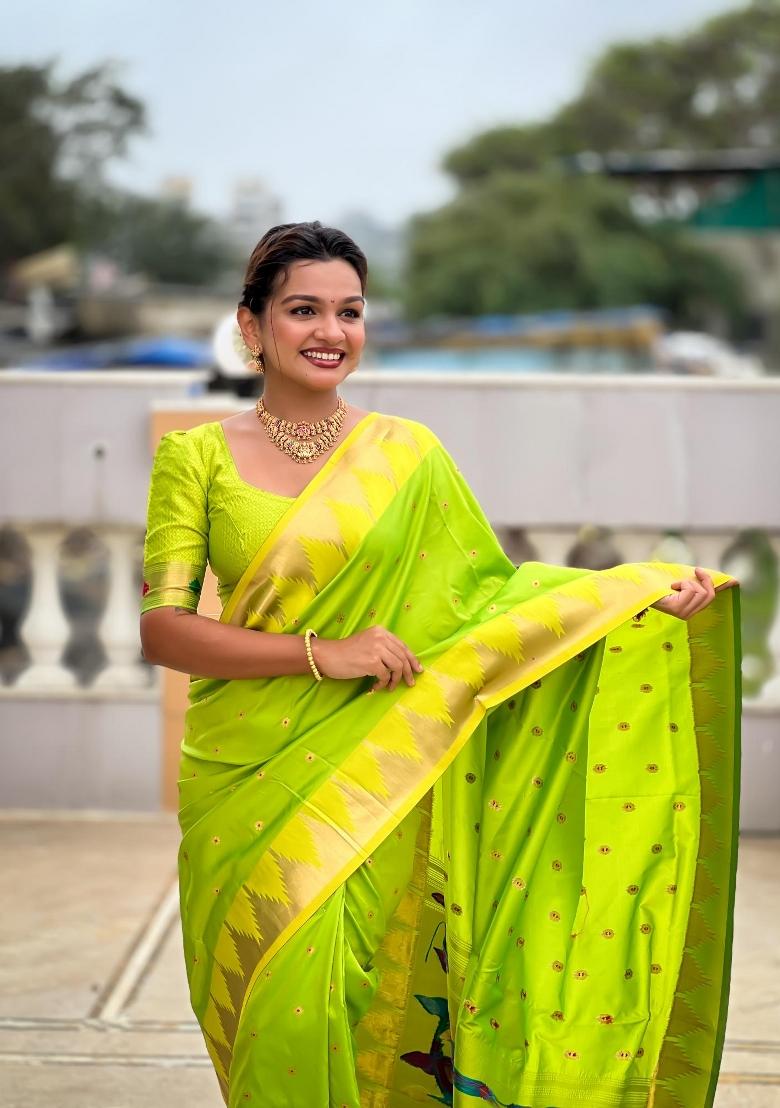 Green Zari Woven Silk Saree Set - Indya
