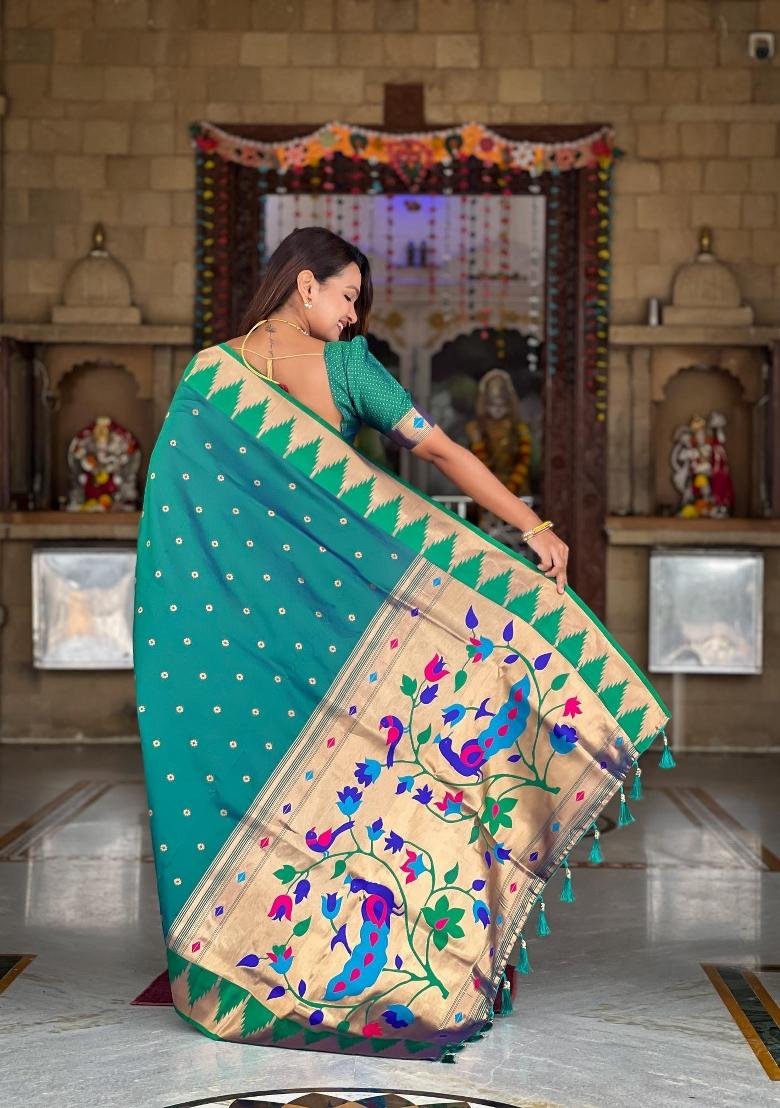 Rama Green Zari Woven Silk Saree Set - Indya