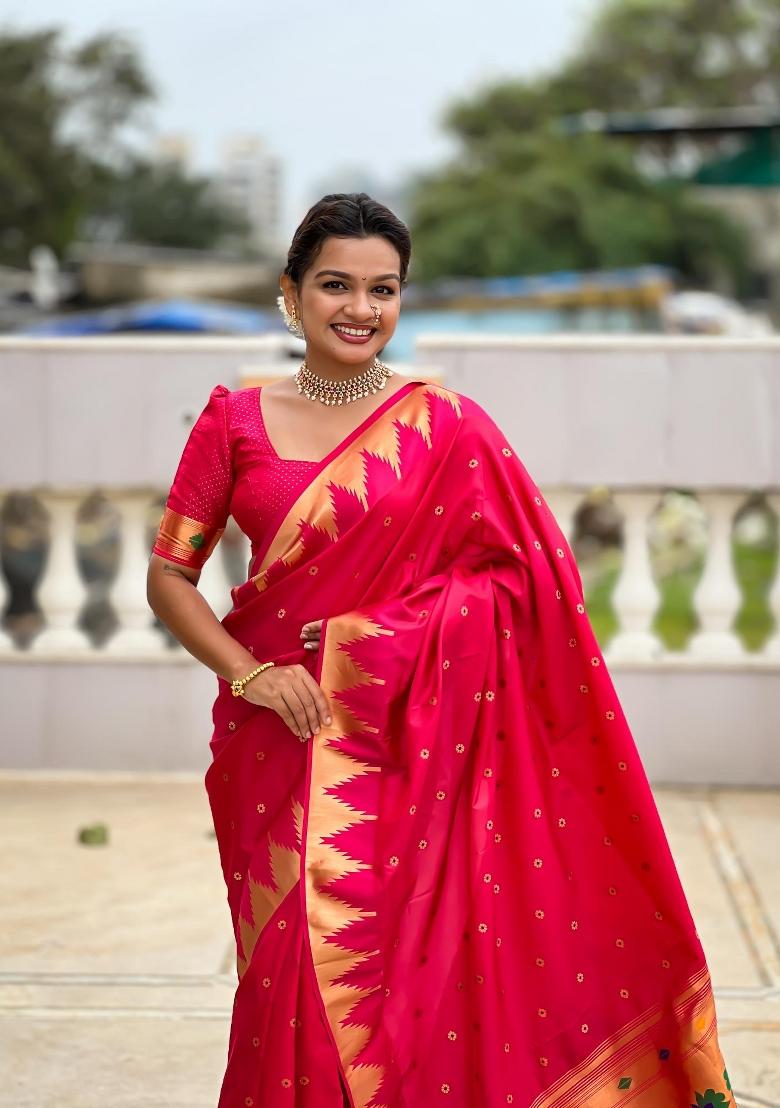 Pink Zari Woven Silk Saree Set - Indya