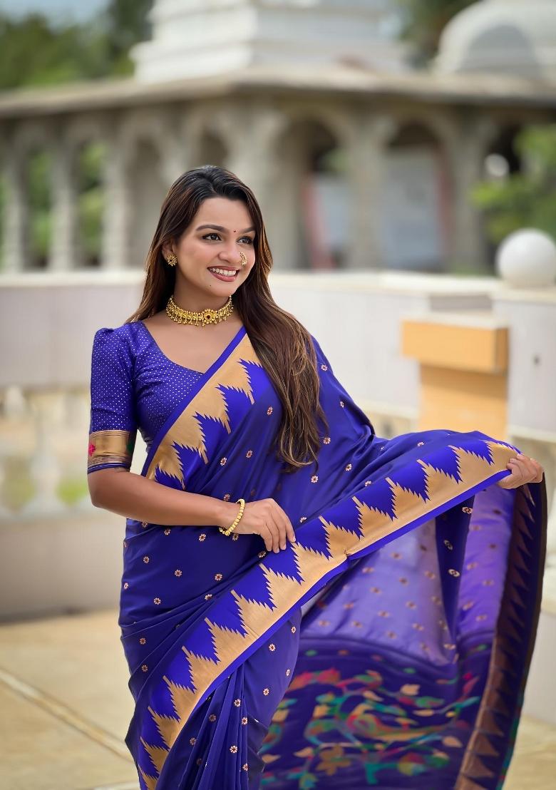 Light Blue Zari Woven Silk Saree Set - Indya