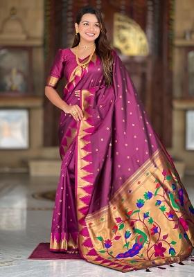 Wine Zari Woven Silk Saree Set