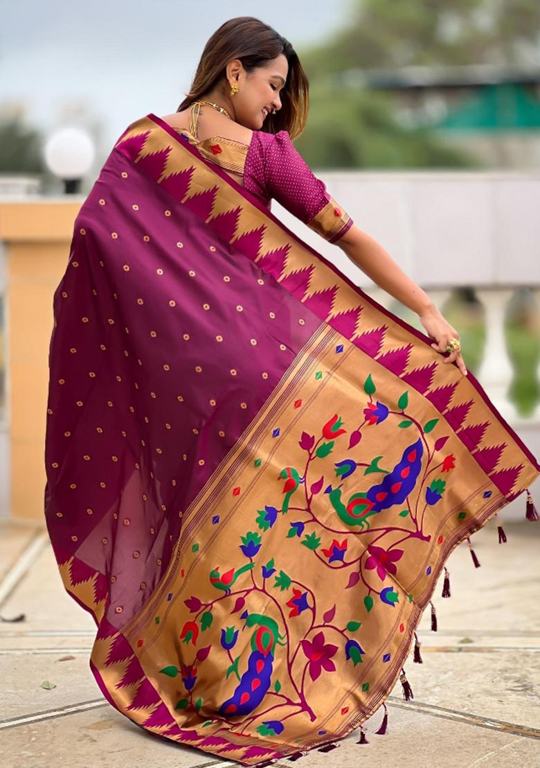 Wine Zari Woven Silk Saree Set - Indya