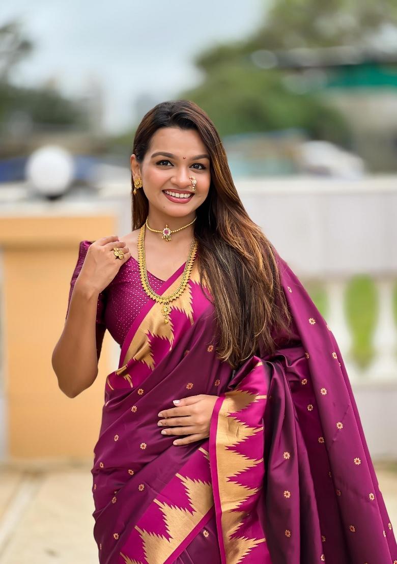 Wine Zari Woven Silk Saree Set - Indya