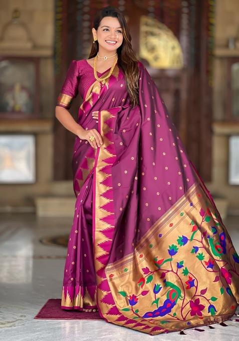 Wine Zari Woven Silk Saree Set — view on Indya