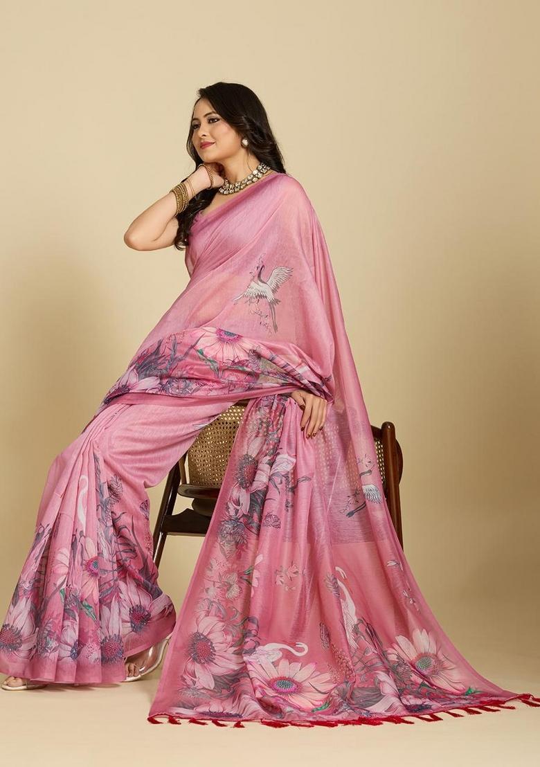 Pink Printed Silk Saree Set - Indya