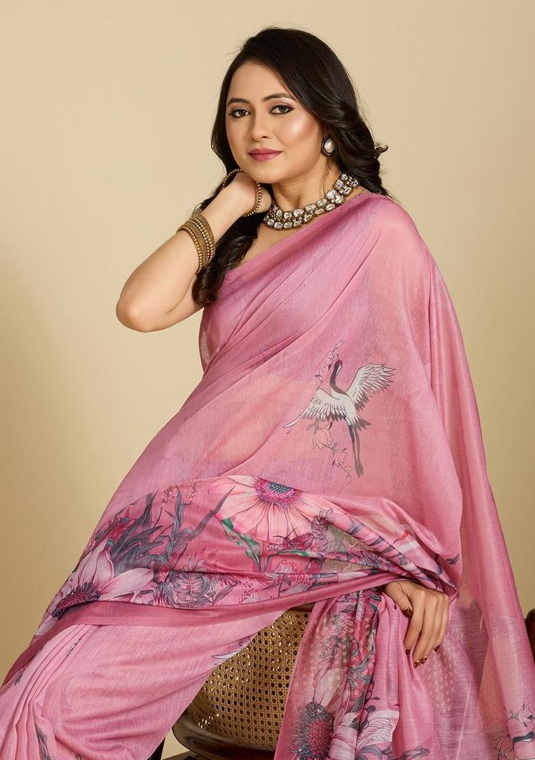 Pink Printed Silk Saree Set - Indya