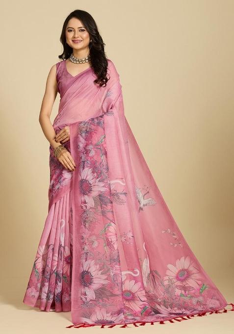 Pink Printed Silk Saree Set