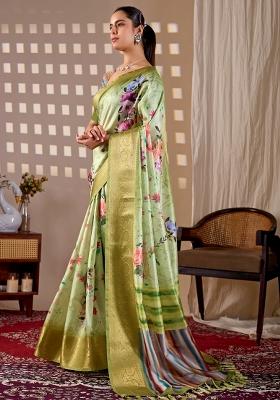 Green Printed Silk Saree Set
