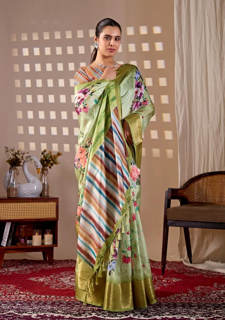 Green Printed Silk Saree Set - Indya