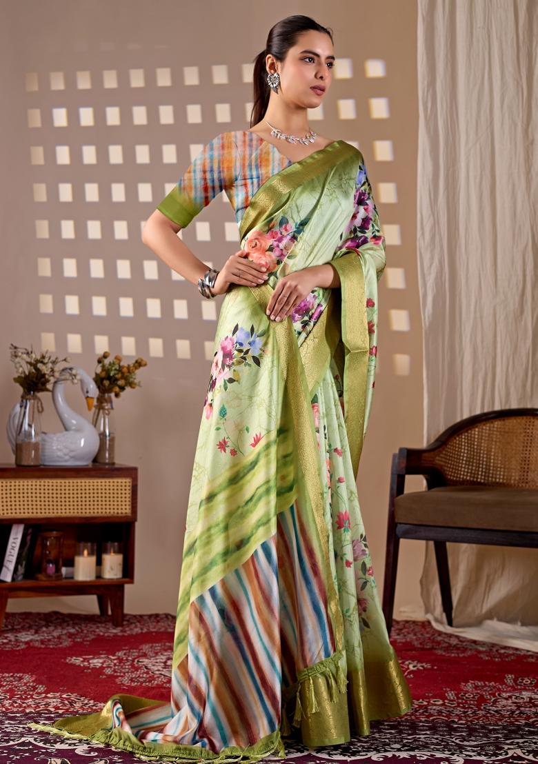 Green Printed Silk Saree Set - Indya