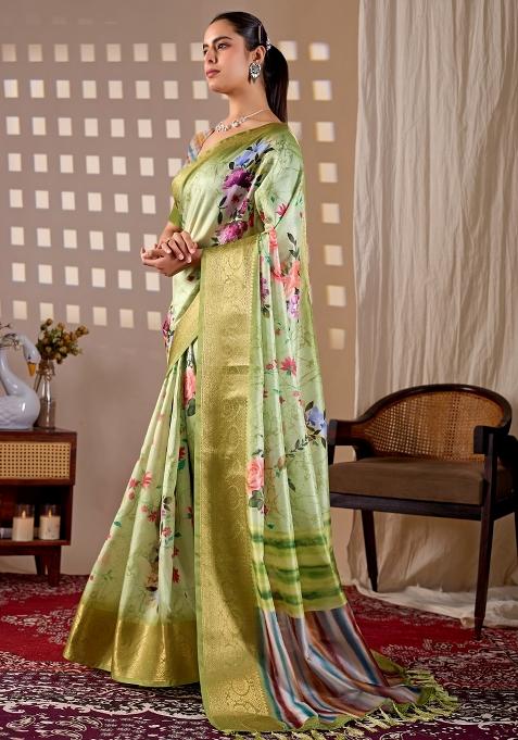 Green Printed Silk Saree Set