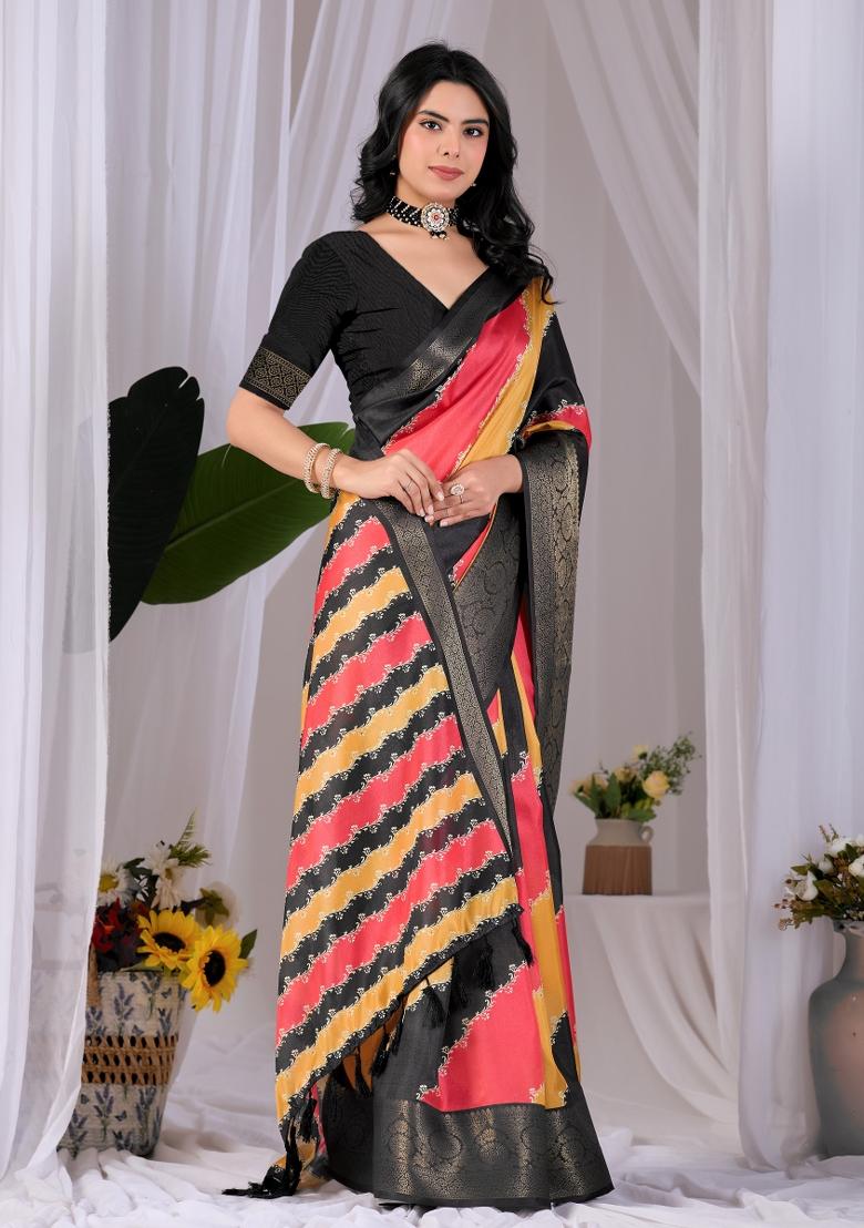 Multicolor Printed Silk Saree Set - Indya