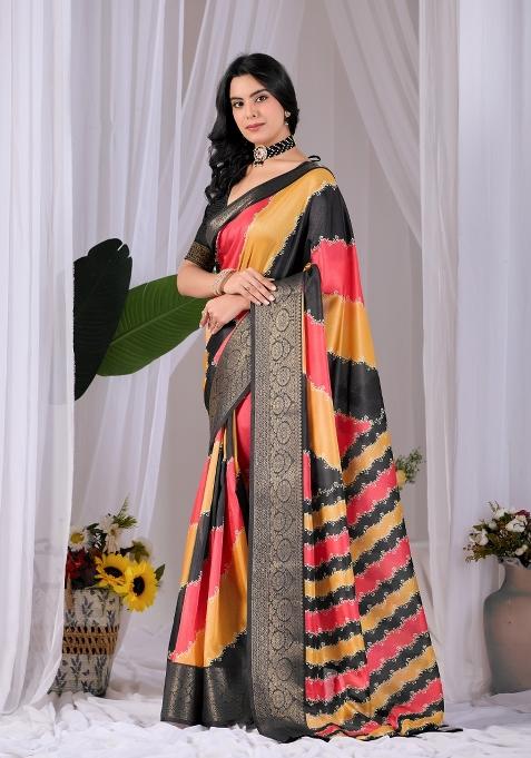 Multicolor Printed Silk Blend Saree Set