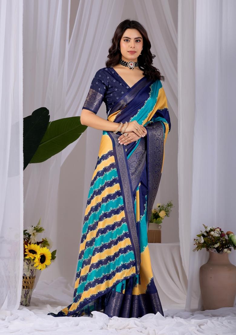Multicolor Printed Silk Saree Set - Indya