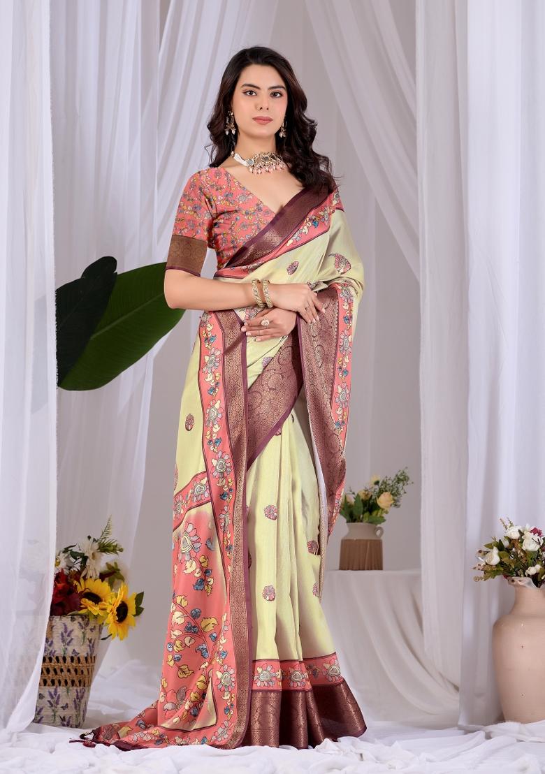 Pista Printed Silk Saree Set - Indya