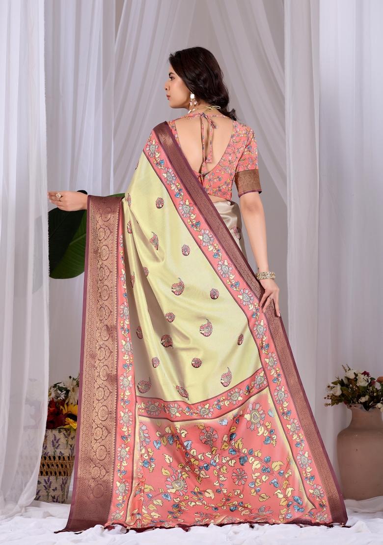 Pista Printed Silk Saree Set - Indya