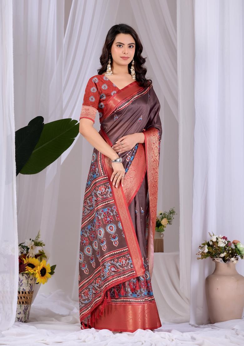 Light Brown Printed Silk Saree Set - Indya