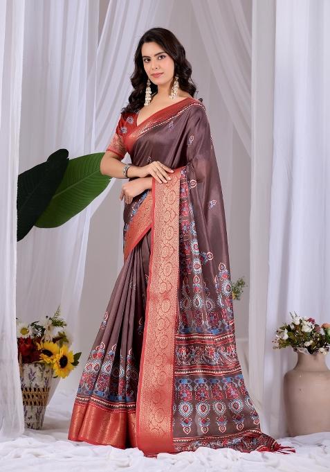 Light Brown Printed Silk Blend Saree Set