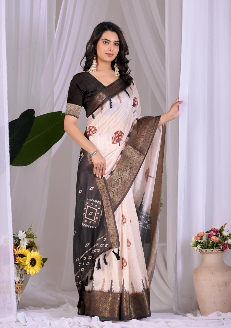 Cream Printed Silk Saree Set - Indya