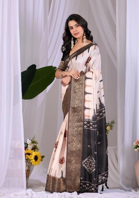 Cream Printed Silk Saree Set