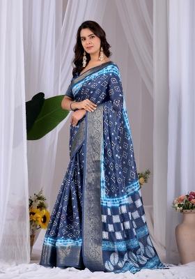 Navy Blue Printed Silk Saree Set