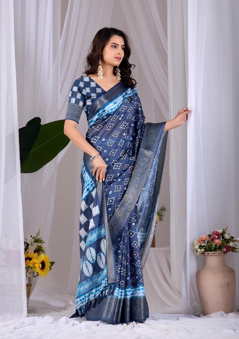 Navy Blue Printed Silk Saree Set - Indya