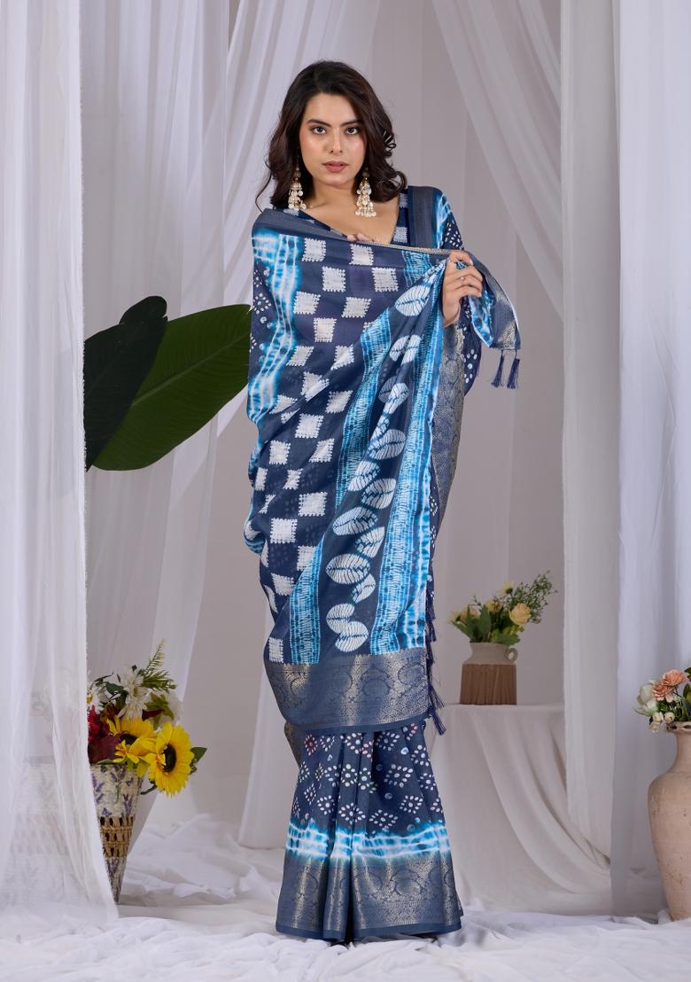 Navy Blue Printed Silk Saree Set - Indya