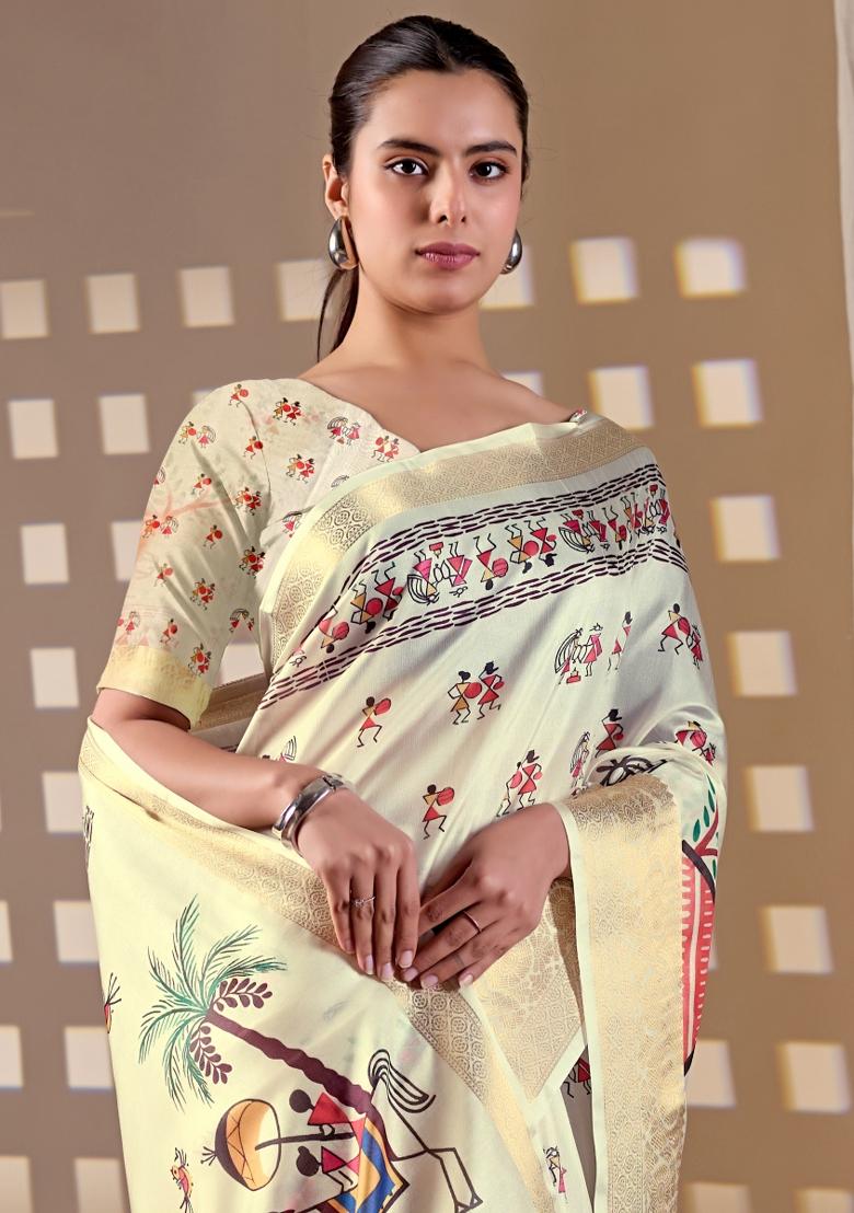 Cream Printed Silk Saree Set - Indya