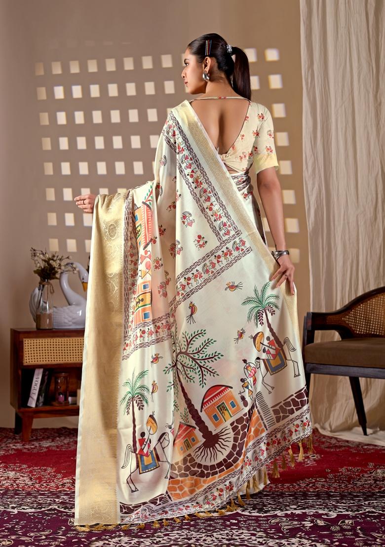 Cream Printed Silk Saree Set - Indya