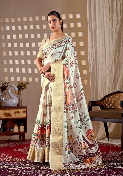 Cream Printed Silk Blend Saree Set