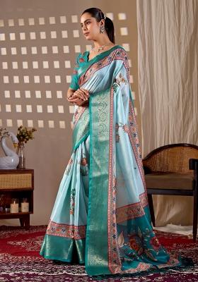 Aqua Printed Silk Saree Set
