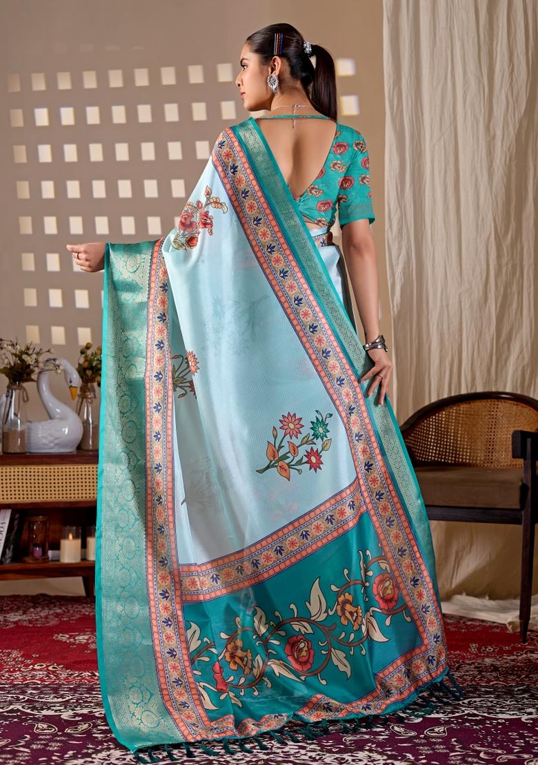 Aqua Printed Silk Saree Set - Indya