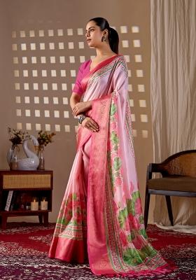 Pink Printed Silk Saree Set