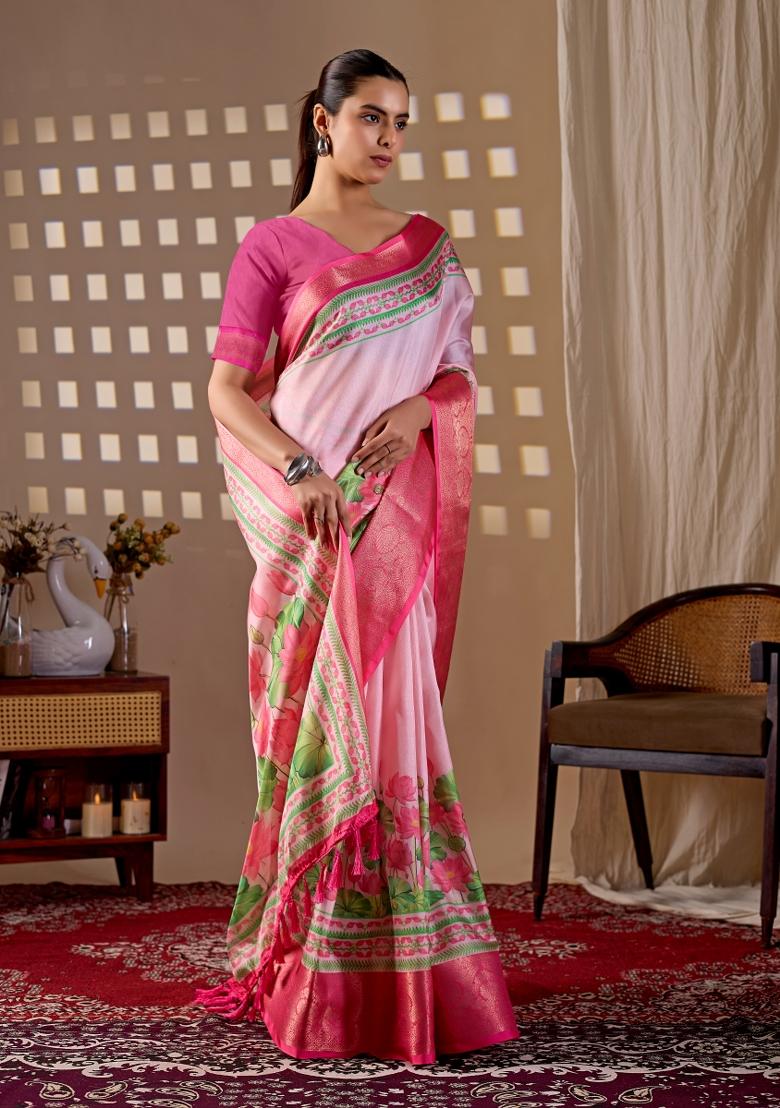 Pink Printed Silk Saree Set - Indya