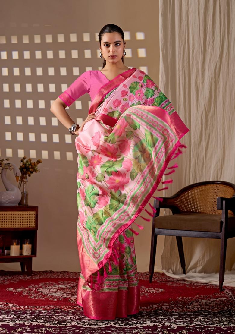 Pink Printed Silk Saree Set - Indya